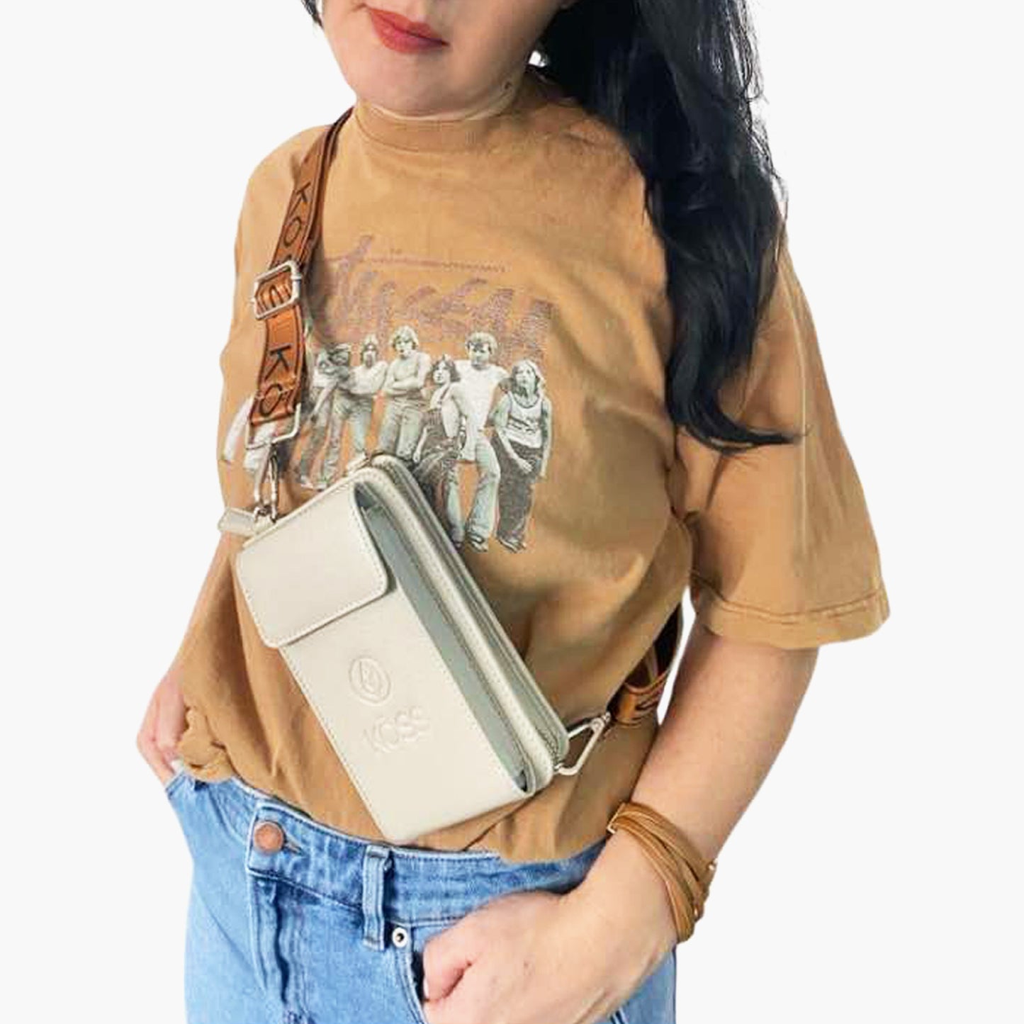 Sac Élégance Compact antivol en cuir - Beige (comprenant 2 sangles)