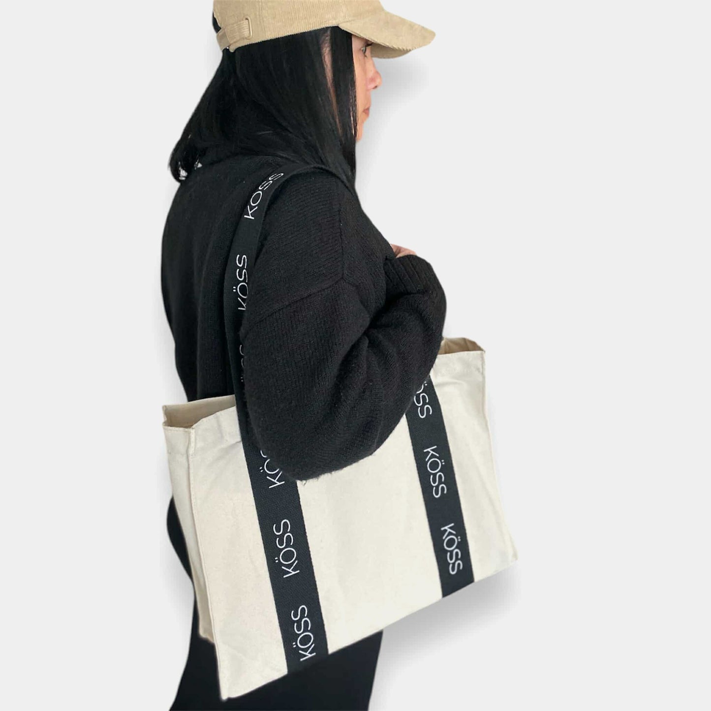 Tote bag en toile beige - Bretelles noires