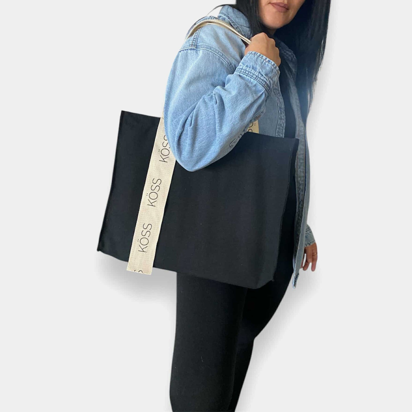 Tote bag en toile noire - Ruban KÖSS 1 côté