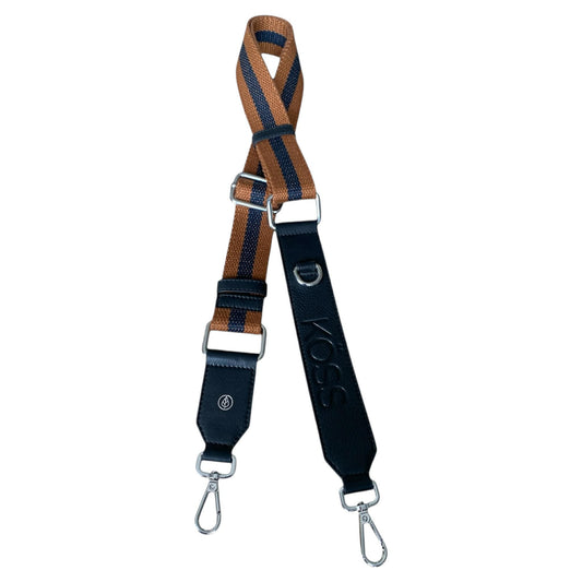 Bandoulière de luxe tissée brun et marine foncé - embouts de cuir larges noir