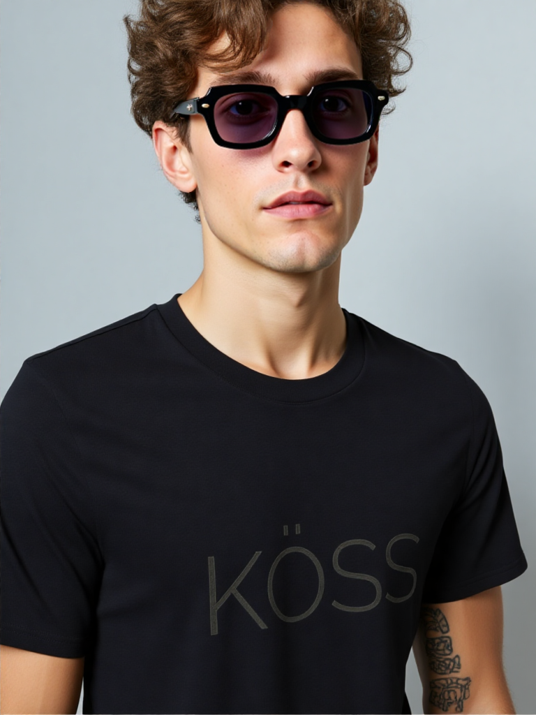 T-shirt col côtelé écologique unisexe - logo devant noir et feuille sur manche droite