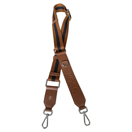 Bandoulière de luxe tissée brun et marine foncé - embouts de cuir larges brun