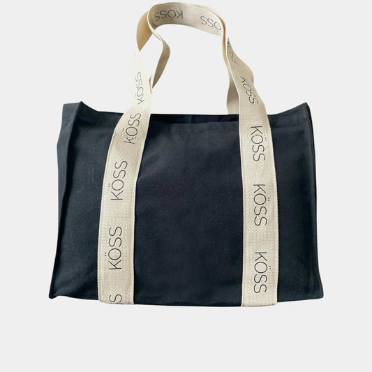 Tote bag en toile noire - Bretelles beiges